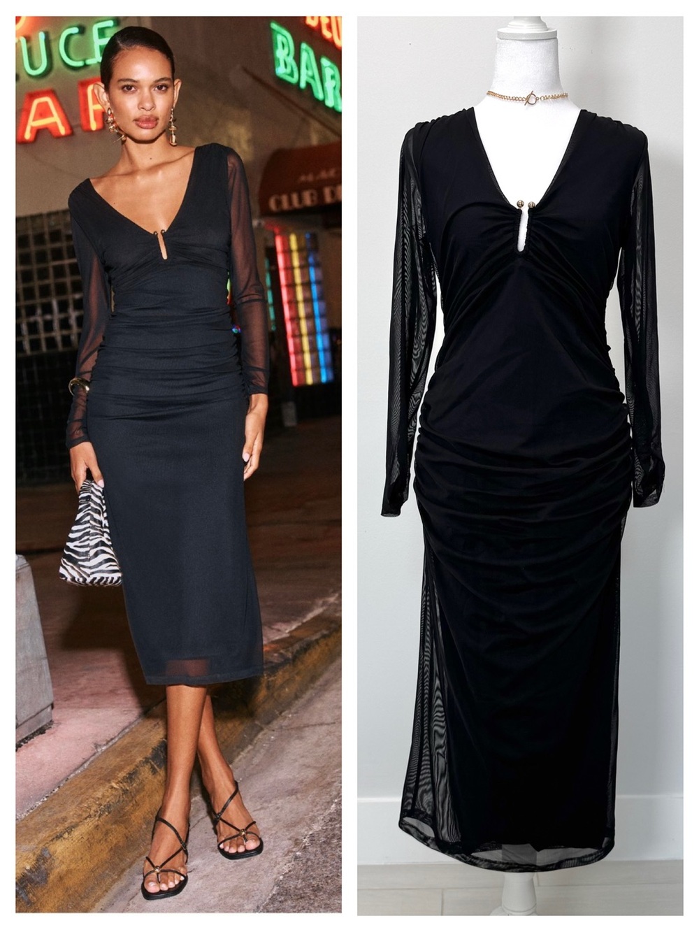 Anthropologie Glam Black Mesh Deep V Midi Dress NWT LBD XS formal party